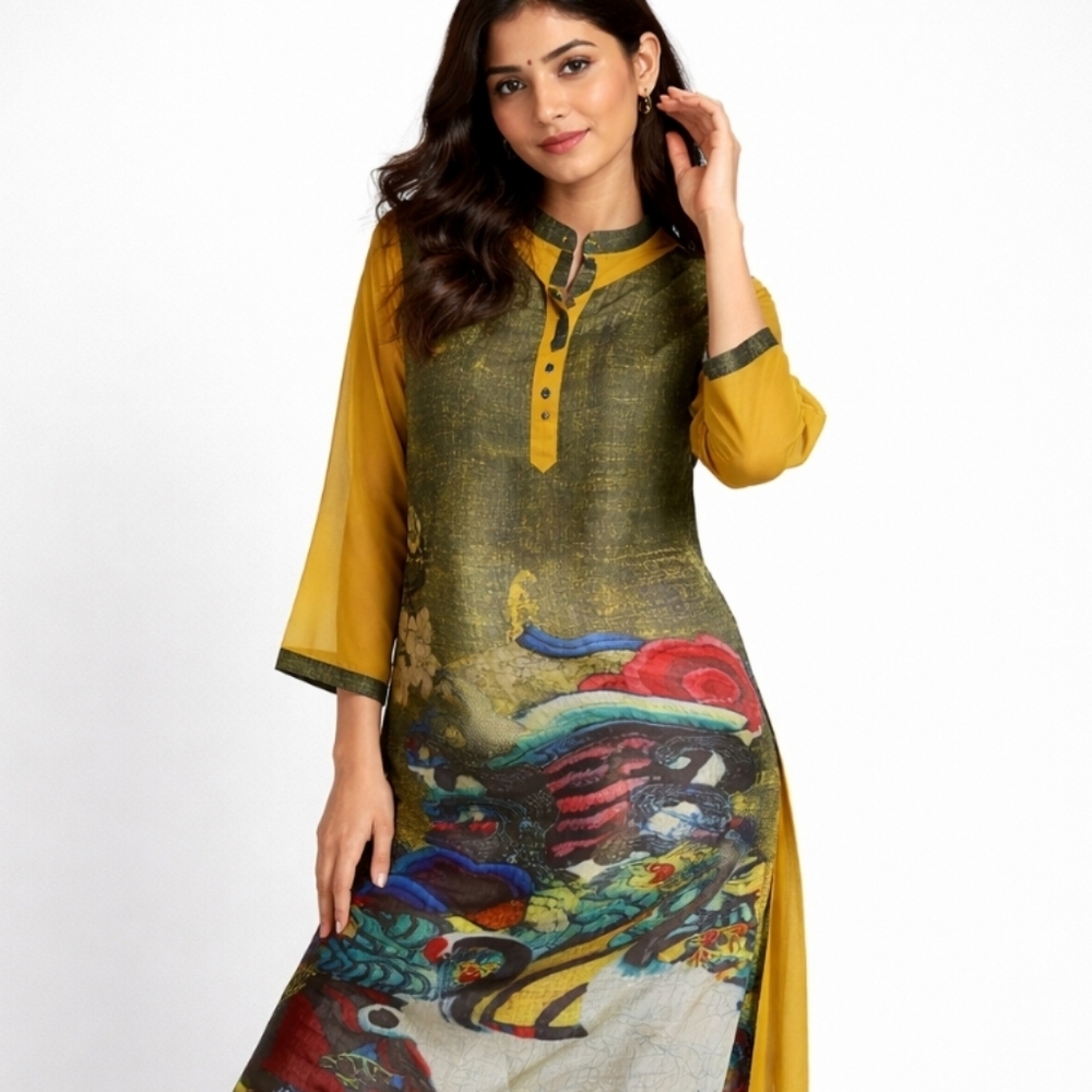 Vicky and Lucas | Olive &  Mustard Artsy Boho Dress Side Slits